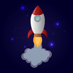 Cartoon flying space rocket in the starry space