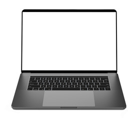 Laptop with blank screen isolated on white background, dark aluminium body. Whole in focus. High detailed.