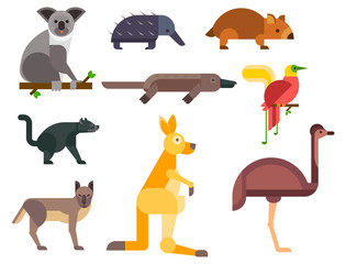 Australia wild animals cartoon popular nature characters flat style and australian mammal aussie native forest collection vector illustration.