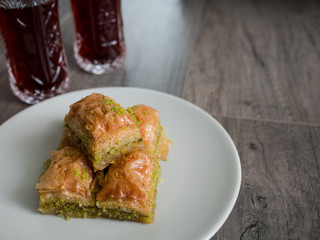 Baklava, Turkish tradition dessert on with tea