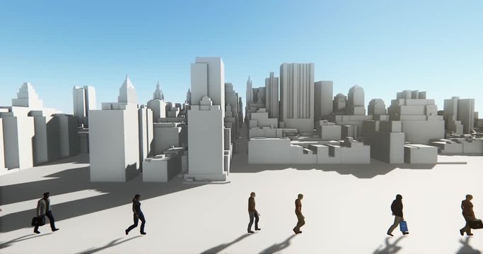 4k Business people walking on the front of abstract urban building,Business empire.