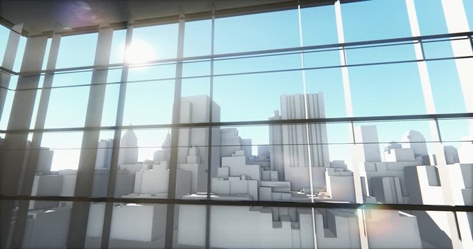4k overlooking the abstract urban building from office window.