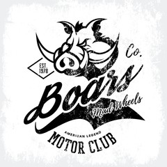 Vintage American furious boar bikers club tee print vector design isolated on white background. Premium quality wild pig animal superior logo concept illustration.