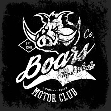 Vintage American furious boar bikers club tee print vector design isolated on black background. Premium quality wild pig animal superior logo concept illustration.