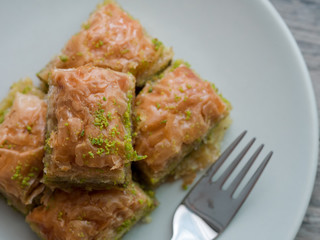 Baklava, Turkish tradition dessert on a plate