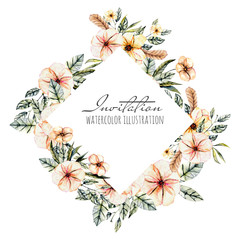 Rhombus frame with watercolor pink flowers, hand drawn on a white background
