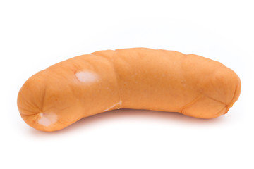 Sausage and spices isolated on white background, fresh delicious frankfurter.