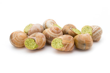 Cooked snails delicacy. French cuisine stuffed snails.