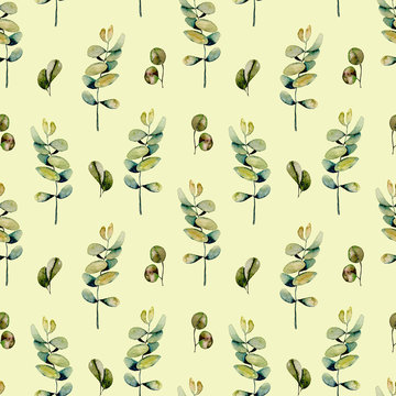 Seamless floral pattern with watercolor eucalyptus branches, hand drawn isolated on a yellow background
