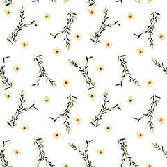 Seamless floral pattern with simple watercolor pink flowers and branches, hand drawn isolated on a white background