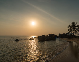 sunset with palm and rock on the beach