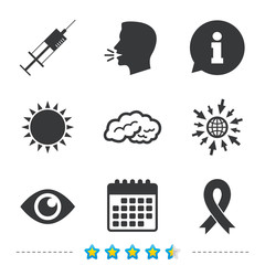 Medicine icons. Syringe, eye, brain and ribbon.