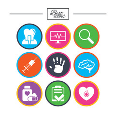 Medicine, medical health and diagnosis icons.