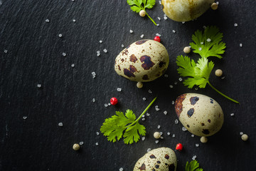 Obraz premium Quail eggs on the table. Spotted shell. Vitamin breakfast.