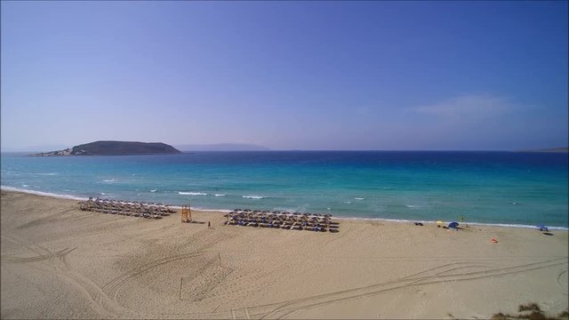 Drone flight over the beautiful Simos Beach on the Island of Elafonisos,  close to south Peloponess in Greece.