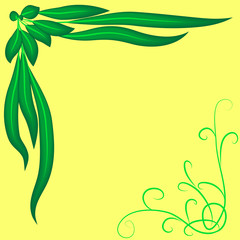 Frame of bright green leaves and curls on a yellow background,