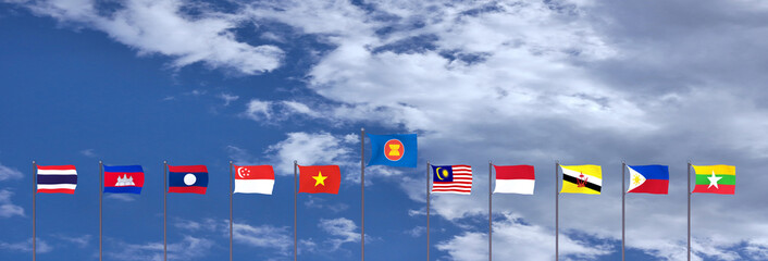 3D rendering of asean country's flags on sky
