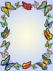 Frame of bright butterflies on a gentle blue background,