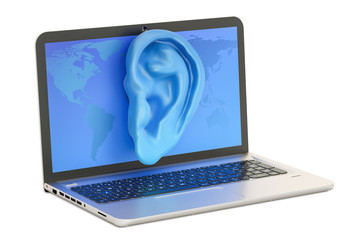 Laptop with ear, intelligence and spying concept. 3D rendering