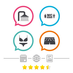 Swimming pool icons. Shower and swimwear signs.