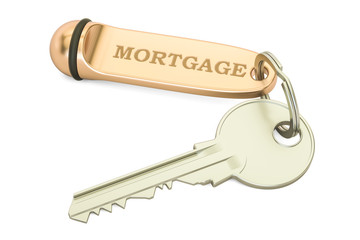 Mortgage concept. Home key with keychain, 3D rendering