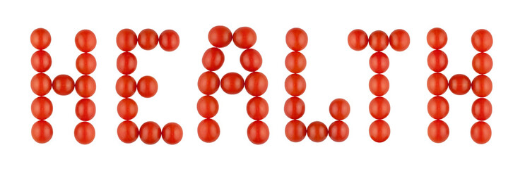 Word HEALTH made from red tomatoes on the white background
