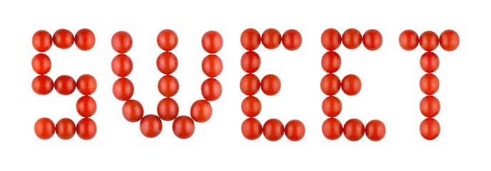 Word SWEET made from red tomatoes on the white background