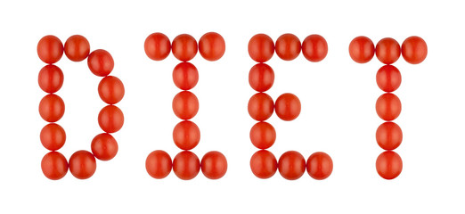 The word DIET made from red tomatoes on the white background