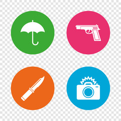 Gun weapon. Knife, umbrella and photo camera.