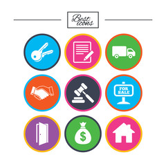 Real estate, auction icons. Handshake, for sale.
