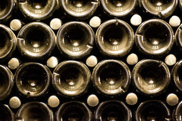 Champagne bottles being kept for secondary fermentation in underground cellar in Abrau-Durso,...