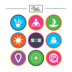 Cruise trip, ship and yacht icons. Travel signs.