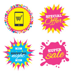 Smartphone with shopping cart sign icon.