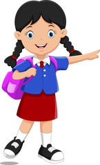 Vector illustration of cute school girl cartoon with backpack