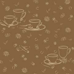 Seamless pattern with cups, cinnamon, coffee beans, anise and 