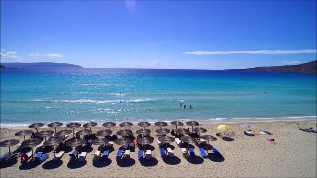 Drone flight over the beautiful Simos Beach on the Island of Elafonisos,  close to south Peloponess in Greece.