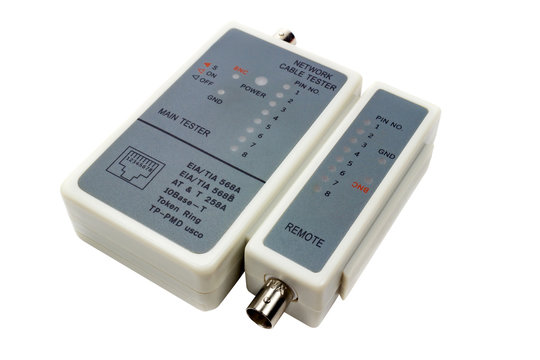 Network cable tester with remote probe isolated on a white background