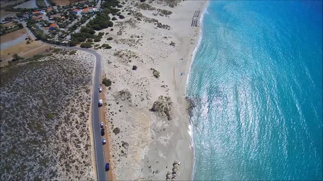 Drone flight over the beautiful Simos Beach on the Island of Elafonisos,  close to south Peloponess in Greece.