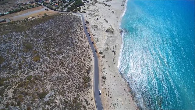 Drone flight over the beautiful Simos Beach on the Island of Elafonisos,  close to south Peloponess in Greece.