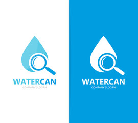 Vector of oil and loupe logo combination. Drop and magnifying glass symbol or icon. Unique water, aqua and search logotype design template.