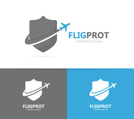 Vector of shield and airplane logo combination. Security and travel symbol or icon. Unique protect and flight logotype design template.