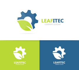 Vector of gear and leaf logo combination. Mechanic and eco symbol or icon. Unique organic factory and industrial logotype design template.