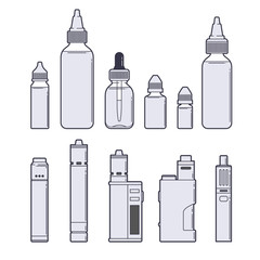 Vaping vector set. Juices and devices outline on white background.