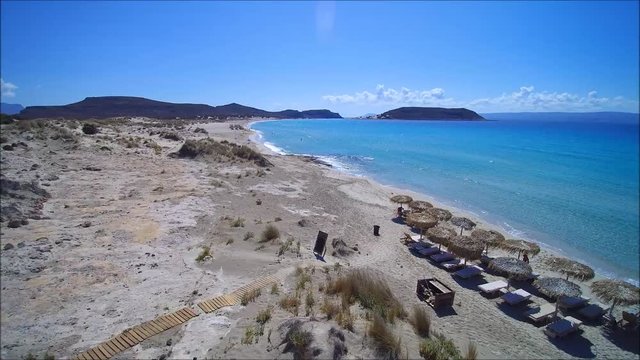 Drone flight over the beautiful Simos Beach on the Island of Elafonisos,  close to south Peloponess in Greece