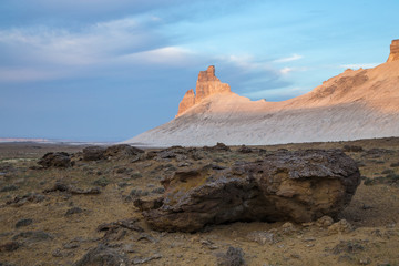 Morning dawn, peaked rocks in the canyon of Boszhira, chines Plateau Ustyurt, Kazakhstan