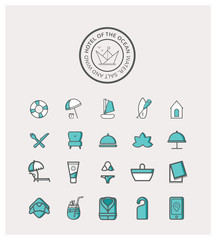 vacances, hôtel, détente, océan, pictogramme, icônes