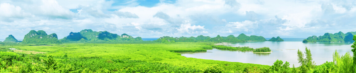 Fototapeta na wymiar Panorama, coastal scenery with mangroves, mountains, bays and the sea from a high angle location at Pathiu District, Chumphon, Thailand