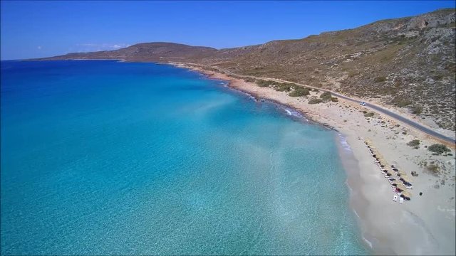 Drone flight over the beautiful Simos Beach on the Island of Elafonisos,  close to south Peloponess in Greece