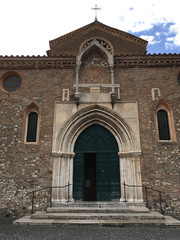Facade of the Chiesa di Santa Maria Maggiore in Tivoli, Italy, small 12th Century Catholic church in the Piazza Trento, no people.