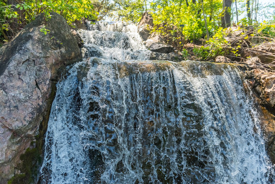 Waterfall on a rocks of a botanic garden in Chicago